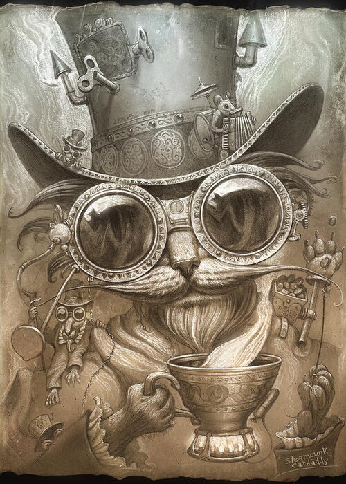 Steampunk Greeting Card featuring the painting Steampunk Cat by Jeff Haynie