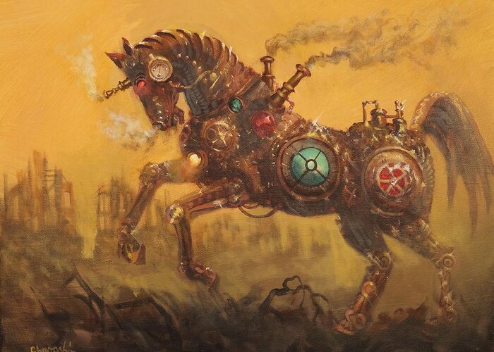 Steampunk Greeting Card featuring the painting Steampunk War Horse by Tom Shropshire