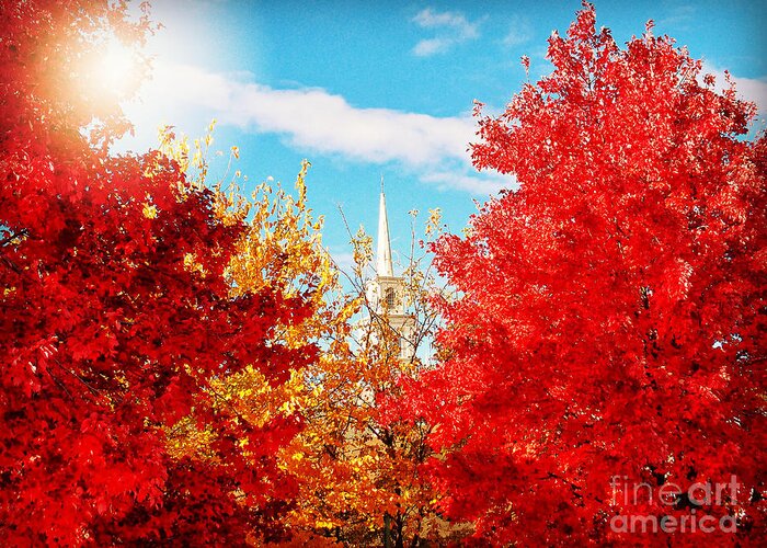 Nature Greeting Card featuring the photograph Steeple with Red and Yellow Autumn Trees by Miriam Danar
