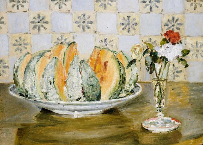 1872 Greeting Card featuring the painting Still Life of a Melon and a Vase of Flowers by Pierre Auguste Renoir