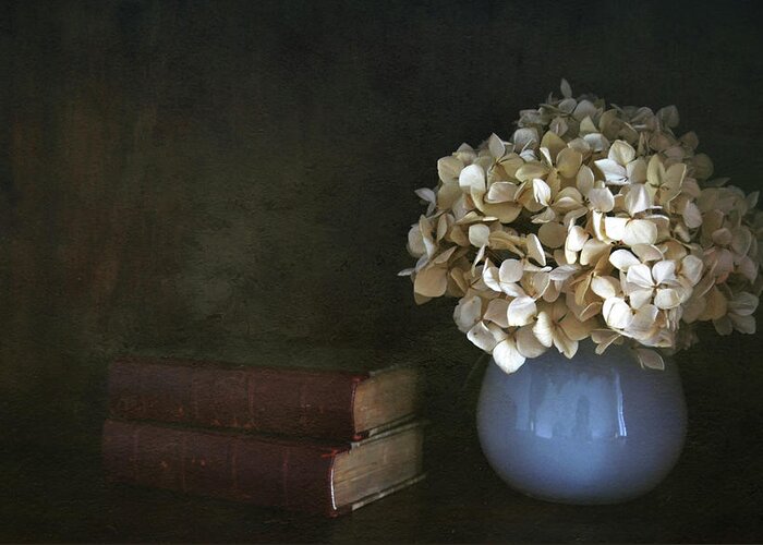 Vase Greeting Card featuring the photograph Still Life With Books And Flowers by Natalia Crespo