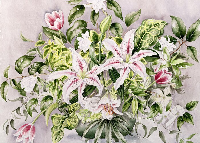 Still-life Greeting Card featuring the painting Still life with Lilies by Alison Cooper