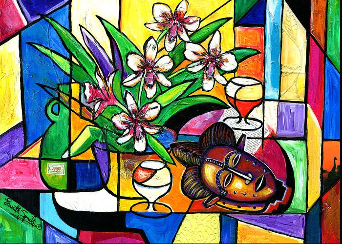 Everett Spruill Greeting Card featuring the painting Still LIfe with Orchids and African Mask by Everett Spruill