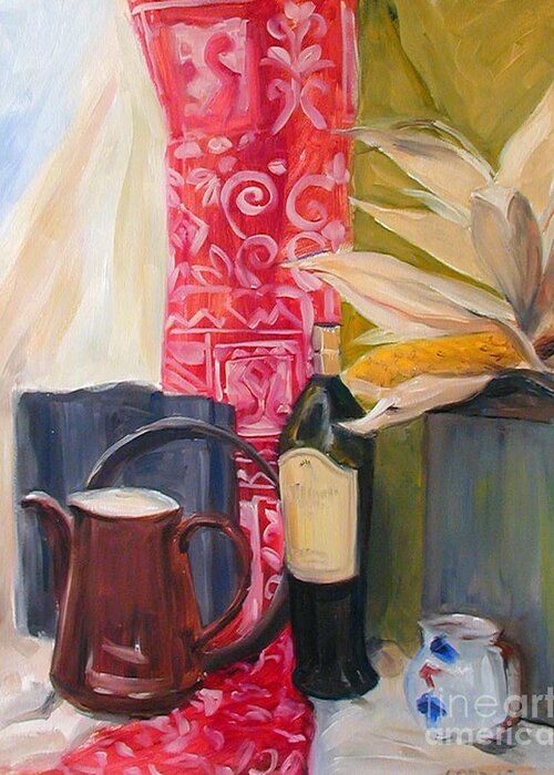 Greta Corens Still Life Paintings Greeting Card featuring the painting Oil Painting Still Life with Red Cloth and Pottery by Greta Corens