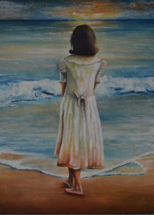  A Young Girl Looking Out At The Ocean Waiting For Her Sailor From World War Ll To Finally Come Home Greeting Card featuring the painting Still Waiting by Martin Schmidt
