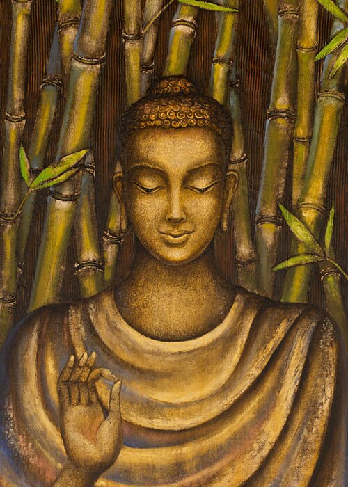 Buddha Greeting Card featuring the painting Stillness speaks by Yuliya Glavnaya