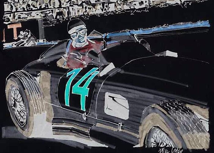 Grand Prix Greeting Card featuring the painting Stirling Moss Mercedes Benz 1955 Grand Prix of Belgium by Paul Guyer