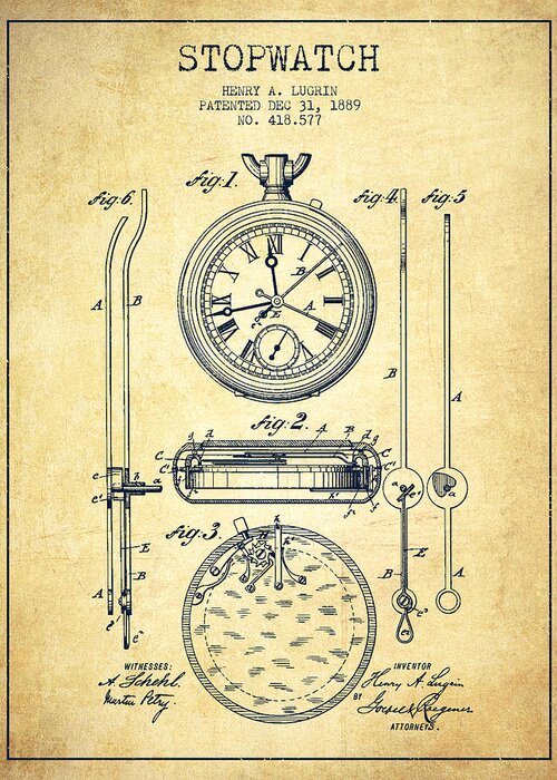 Stopwatch Greeting Card featuring the digital art Stopwatch Patent Drawing From 1889 -Vintage by Aged Pixel