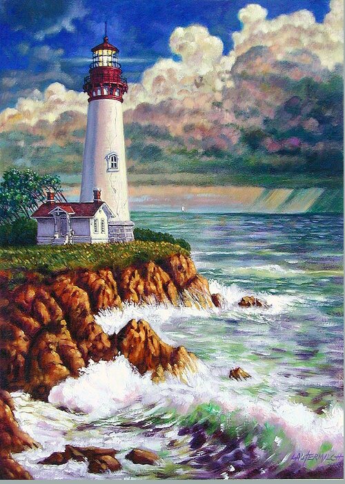 Lighthouse Greeting Card featuring the painting Storm Rolling In two by John Lautermilch