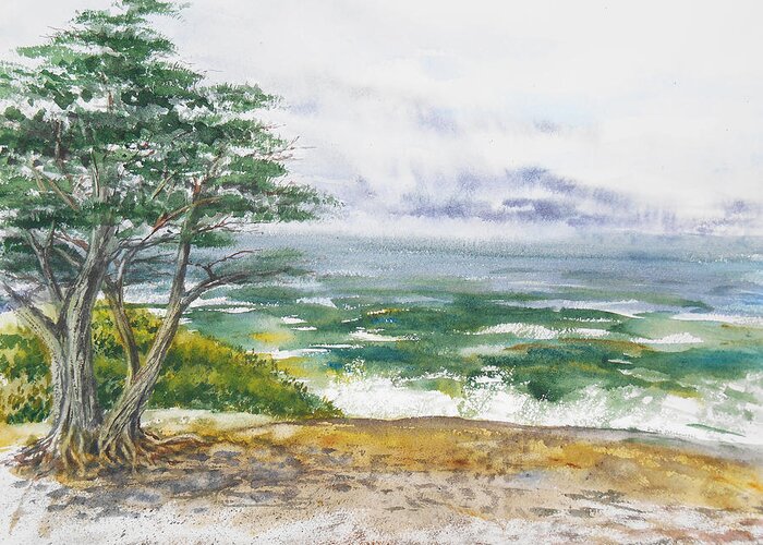 Seascape Greeting Card featuring the painting Stormy Morning At Carmel By The Sea California by Irina Sztukowski