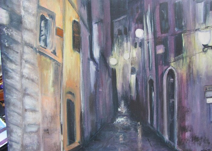 A Narrow Street In Italy. Greeting Card featuring the painting Streets of Alatri Italy by Lucille Valentino