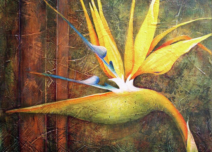 Strelitzia Greeting Card featuring the painting Strelitzia and Copper by Lorraine Ulen