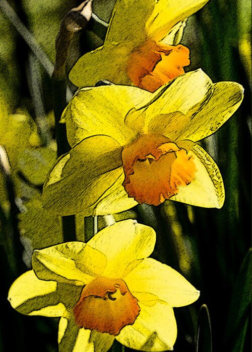 Narcissus Greeting Card featuring the digital art Sumi-e in yellow by Elena Perelman