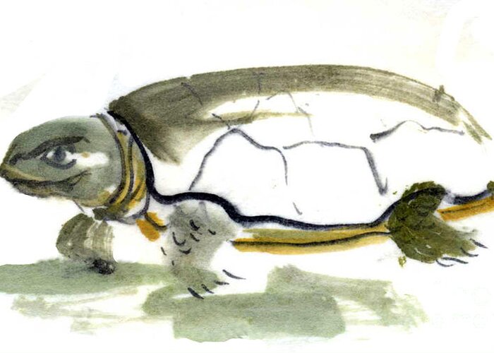 Turtle Greeting Card featuring the painting Sumi-e Turtle by Ellen Miffitt