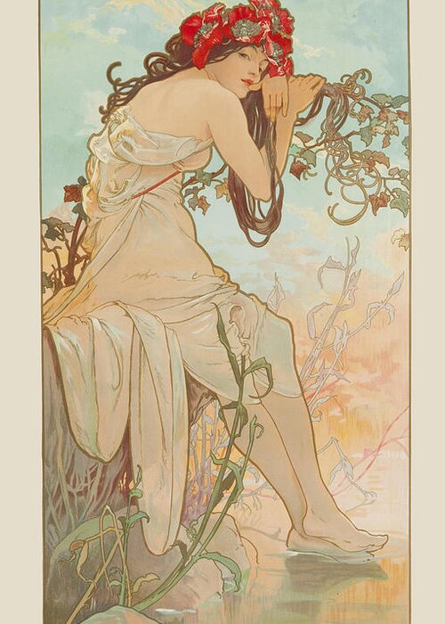 Seasons Greeting Card featuring the painting Summer by Alphonse Mucha