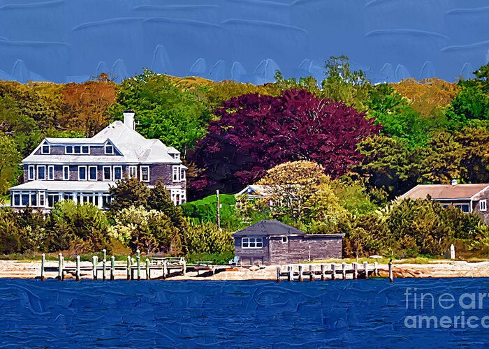 New England; Beach; Coastal; Shoreline; Summer Homes; Houses; Docks; Sea; Ocean; Marthas Vineyard; Trees; Nature; Natural; Kirt Tisdale Greeting Card featuring the painting Summer at the Shore by Kirt Tisdale