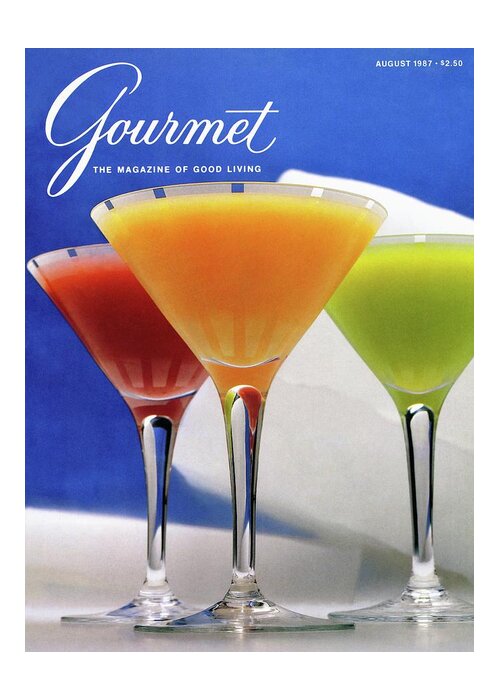 Foodcovermagazinegourmetsummerseasonscocktailglassalcoholdrinkalcoholic Beveragebeveragestrawberry Banana Margaritafrozen Mango Daiquirifrozen Melon Coladacolorfulnobody #condenastgourmetcover August 1st 1987 Greeting Card featuring the photograph Summer Cocktails by Romulo Yanes