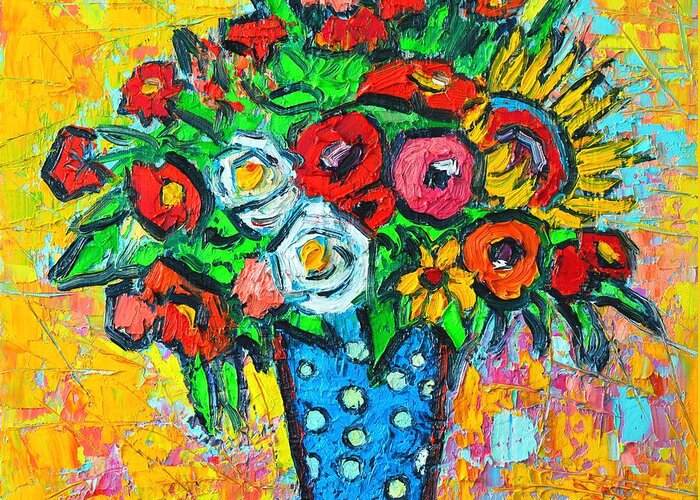 Flowers Greeting Card featuring the painting Summer Floral Bouquet - Sunflowers Poppies And Roses by Ana Maria Edulescu