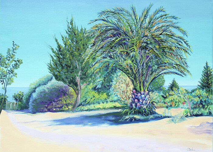 Northern California Painting Greeting Card featuring the painting Summer Palm Tree in Garden by the Sea by Asha Carolyn Young