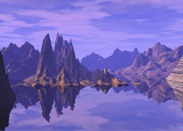 Summer Reflection Mountains Water Sky Fantasy Greeting Card featuring the digital art Summer Reflection by Phillip Mossbarger
