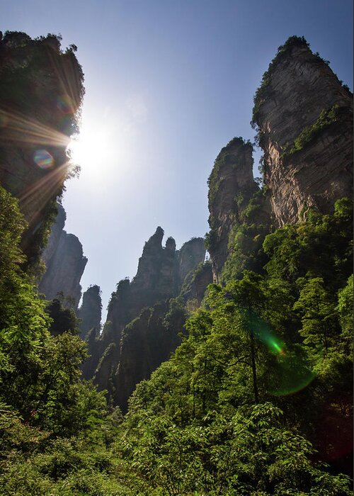 Scenics Greeting Card featuring the photograph Sun Flare In Zhangjiajie Canyon by Universal Stopping Point Photography