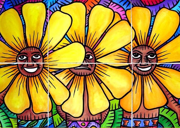  Greeting Card featuring the painting Sun Flowers and Friends 2008 by Marconi Calindas