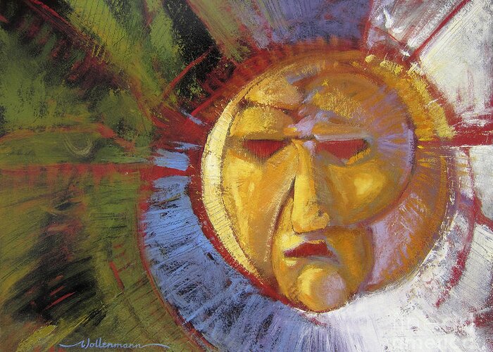 Mask Greeting Card featuring the painting Sun Mask by Randy Wollenmann