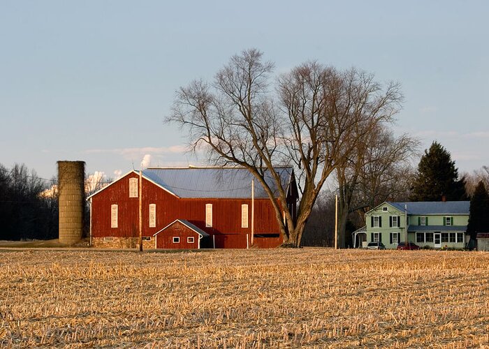 Barn Greeting Card featuring the photograph Sun Setting on a Pennsylvania Bottomland Farm by Gene Walls