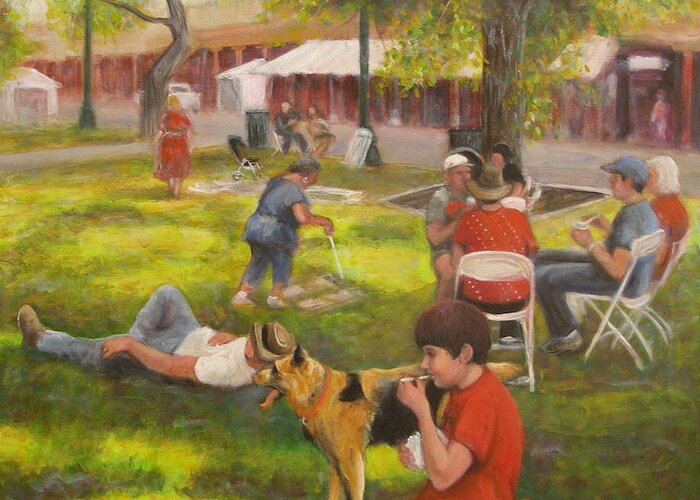 Realism Greeting Card featuring the painting Sunday on the Plaza by Donelli DiMaria