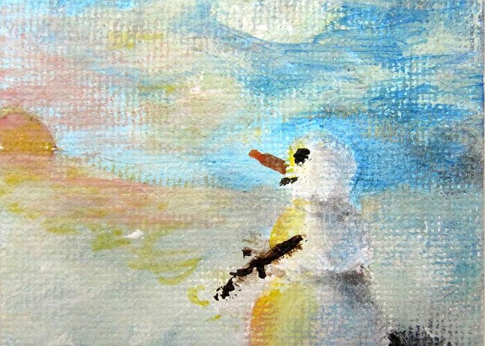 Snow Greeting Card featuring the painting Sundown Snowman by Laurie Morgan