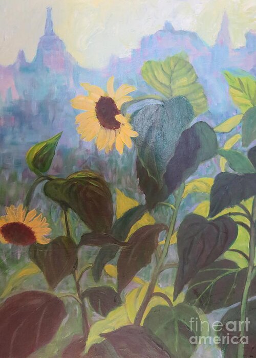 Sunset Greeting Card featuring the painting Sunflower City 1 by Gretchen Allen