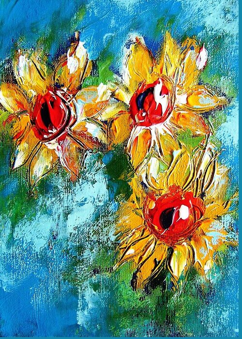 Sunflowers Greeting Card featuring the painting Sunflower Study Painting by Mary Cahalan Lee - aka PIXI