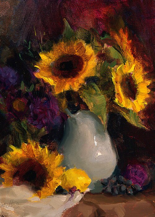 Sunflower Greeting Card featuring the painting Sunflowers and Porcelain Still Life by K Whitworth