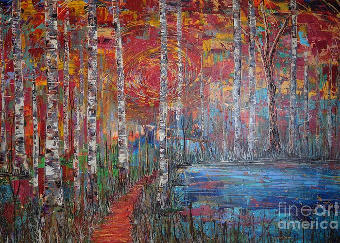 Sunlit Birch Pathway Greeting Card featuring the painting Sunlit Birch Pathway by Jacqueline Athmann