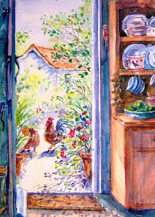 Sunlit Cottage Greeting Card featuring the painting Sunlit Cottage Doorway by Trudi Doyle