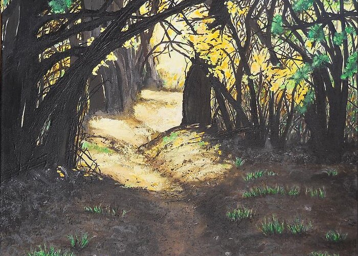 Forest Greeting Card featuring the painting Sunlit Trail by Susan M Woods