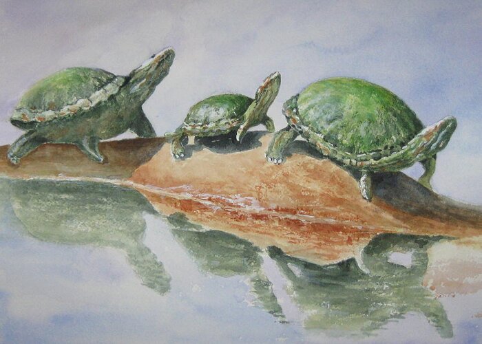 Turtles Greeting Card featuring the painting Sunning Turtles by Marilyn Clement