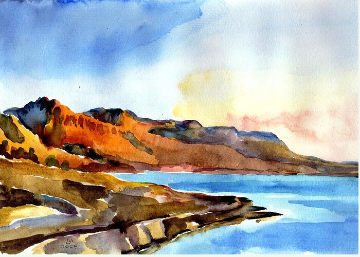 Watercolor Greeting Card featuring the painting Sunrise at the Dead Sea by Anna Lobovikov-Katz