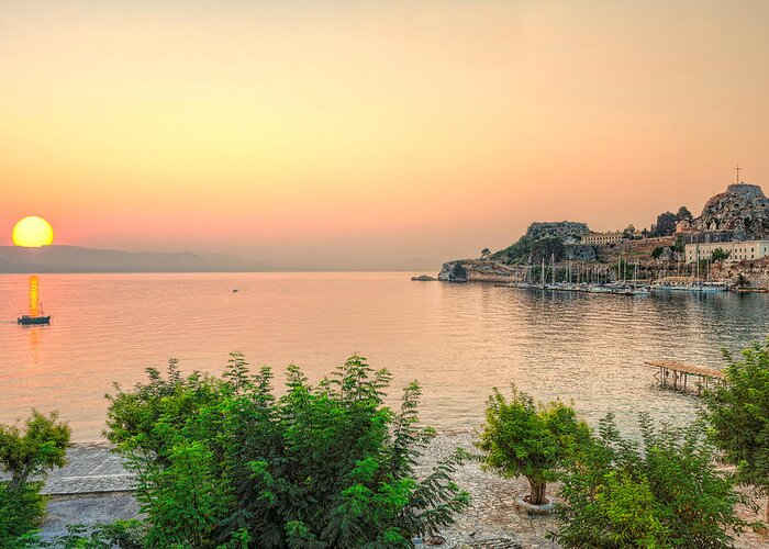 Sunrise Greeting Card featuring the photograph Sunrise at the old fortress of Corfu - Greece by Constantinos Iliopoulos