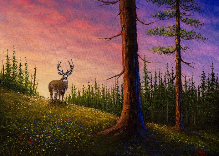 Landscape Greeting Card featuring the painting Sunrise Buck by Chris Steele