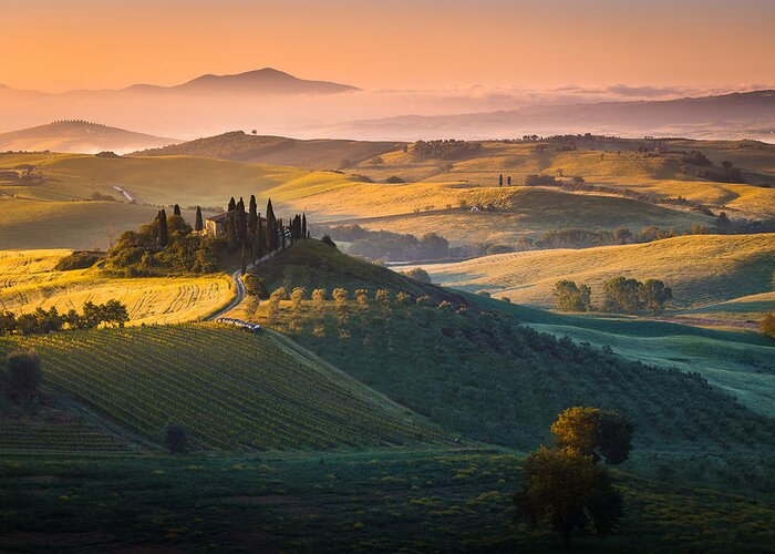 Podere Belvedere Greeting Card featuring the photograph Sunrise in Tuscany by Stefano Termanini