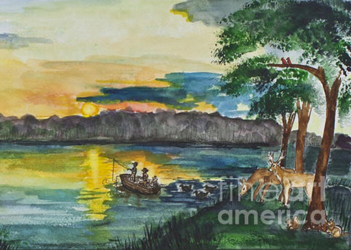 Sunrise Greeting Card featuring the painting Sunrise on the Lake by Janis Lee Colon