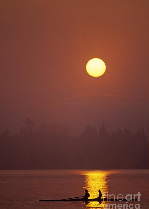 Athletics Greeting Card featuring the photograph Sunrise on the Montlake Cut crew rowing on calm waters by Jim Corwin
