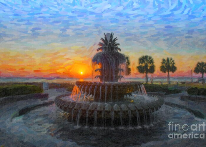 Pineapple Fountain Greeting Card featuring the digital art Sunrise over the Pineapple by Dale Powell