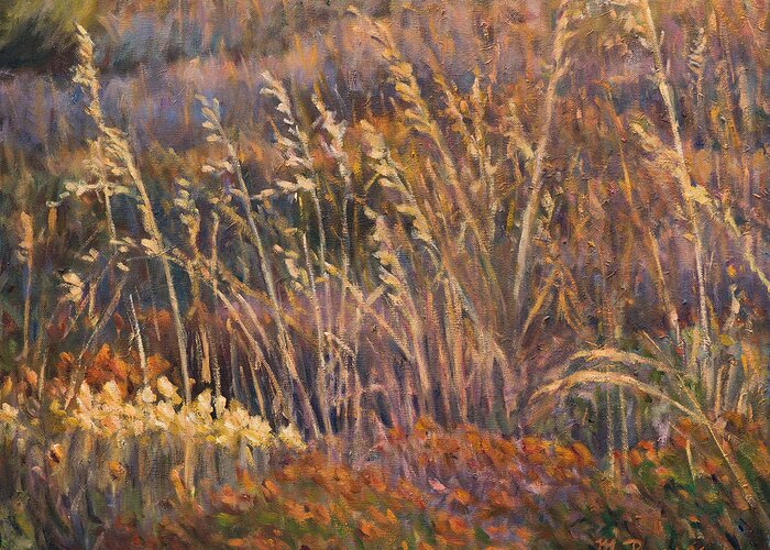 Grass Greeting Card featuring the painting Sunrise reflections on dried grass by Marco Busoni
