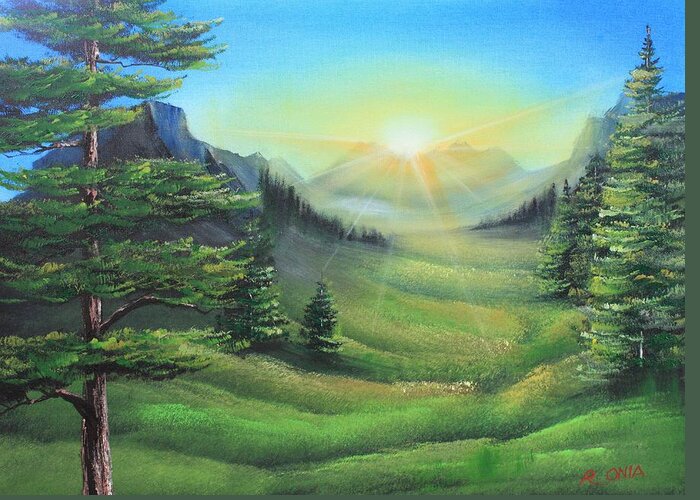 Landscape Painting Greeting Card featuring the painting Sunrise by Remegio Onia