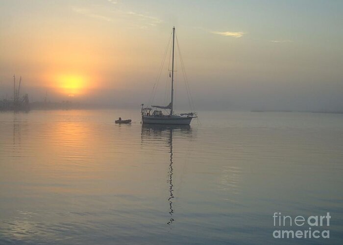 Blue Greeting Card featuring the photograph Sunrise Through The Fog by Bob Sample