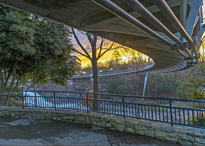 Upstate Sc Greeting Card featuring the photograph Sunrise Under Liberty Bridge at Falls Park Greenville SC by Willie Harper