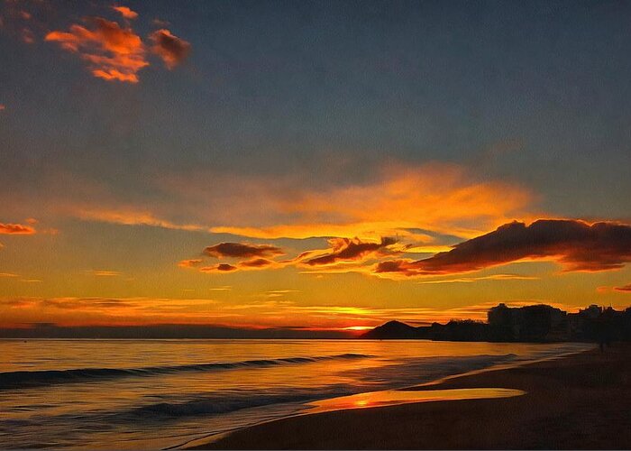 Sea Greeting Card featuring the photograph Sunset at the seaside in Benidorm Spain by Mick Flynn