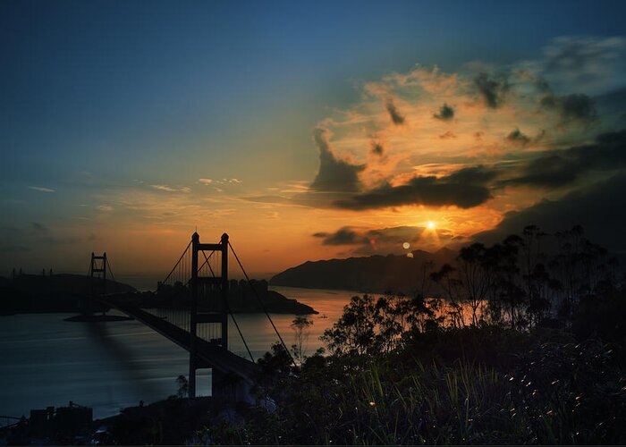 Kowloon Greeting Card featuring the photograph Sunset at Tsing Ma Bridge by Afrison Ma